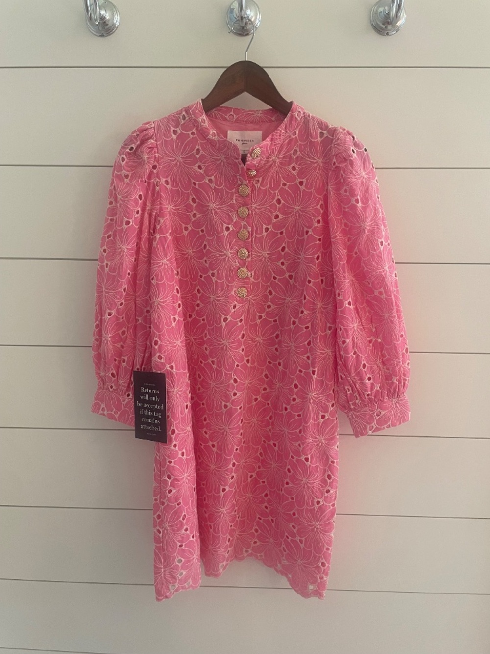 Pomander Place x Tuckernuck Pink Eyelet Samantha Dress Small Gold Button Mini - Picture 5 of 8